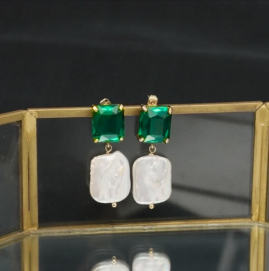 18K Gold-Plated Emerald Green & Pearl Drop Earrings – Waterproof Elegant Statement Jewelry (Pair)