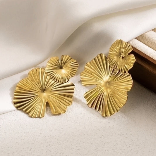 18K Gold-Plated Statement Lotus Earrings – Waterproof Artistic Flair (Pair)