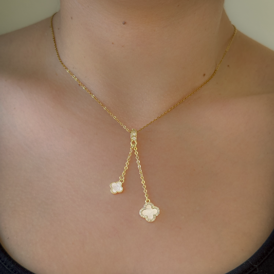 18K Gold Plated White Clover Drop Pendant Necklace – Minimalist Adjustable Y Necklace