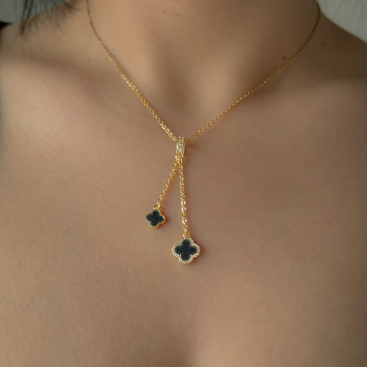 18K Gold Plated Black Clover Drop Pendant Necklace – Minimalist Adjustable Y Necklace